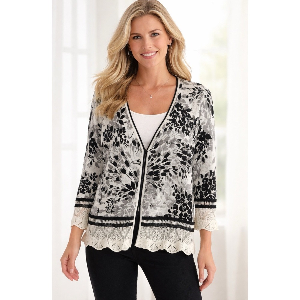 Peck & Peck Womens L Linen Blend Cardigan Black White Floral Crochet Lace Boho